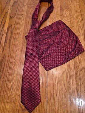 Barry.Wang Red & Black Geometric Silk Tie Matching Pocket Square Formal Wear